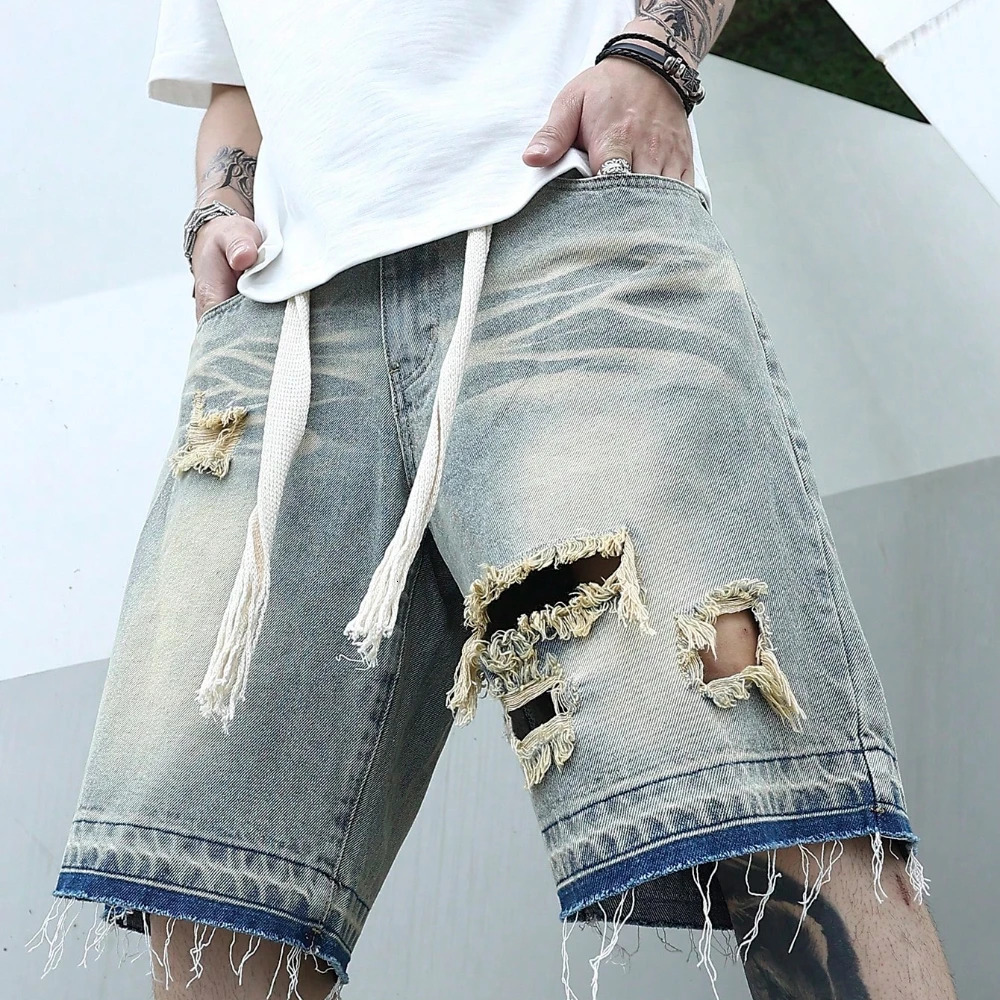 Men Summer Stretchy Denim Jeans Shorts For Cargo Casual Wide Leg Elastic Waist Ripped Baggy Y2k Streetwear Pant 260612