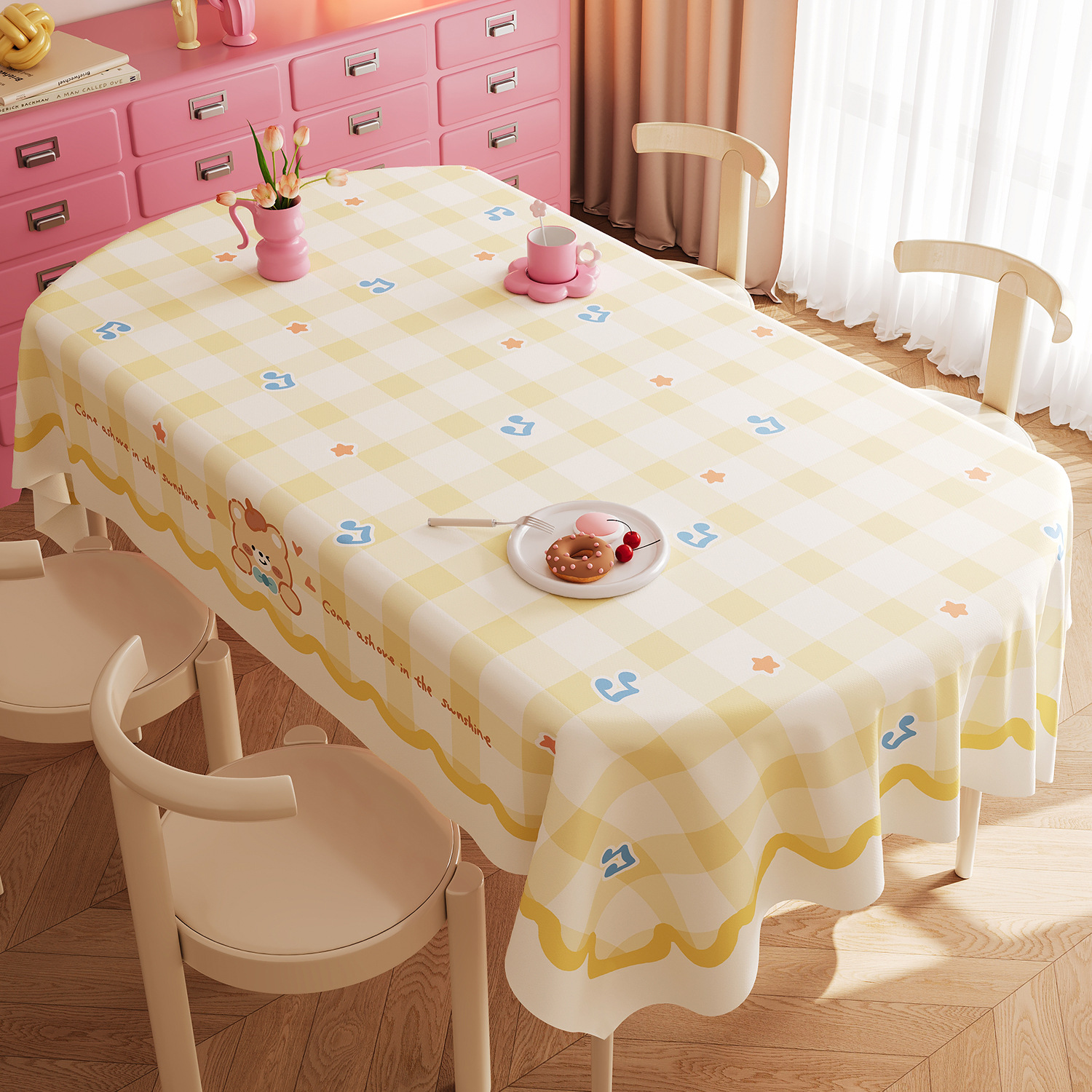 YL-38799 Custom Cream-Style Tablecloth, Waterproof, Oil-Repellent, Wash-Free, Oval Pink Coffee Tablecloth-image-1110451314