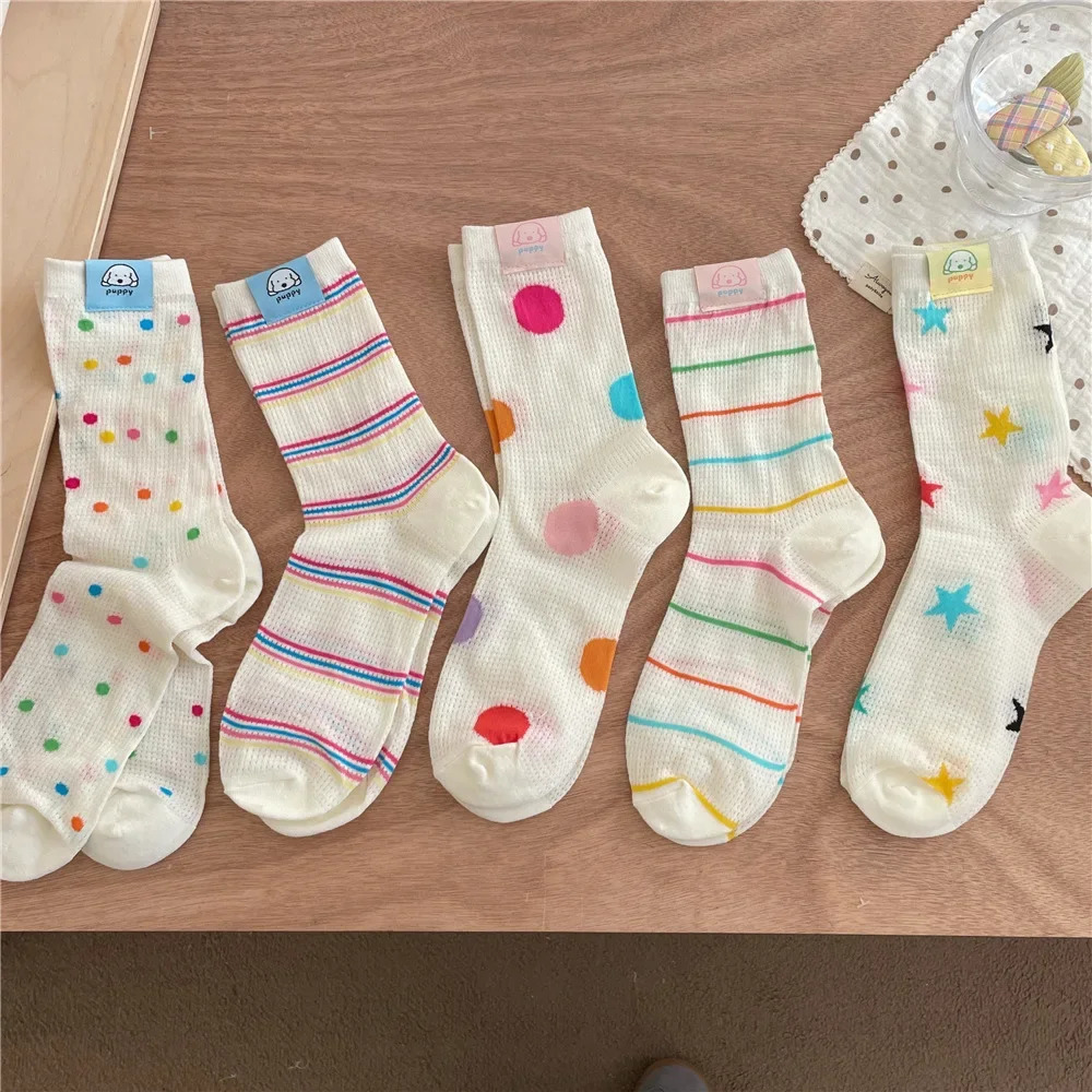 Polka Dot Socks Women Summer Mesh Thin Breathable Long Socks Multicolor Striped Harajuku Japanese Kawaii Cute Middle Tube Socks 260612