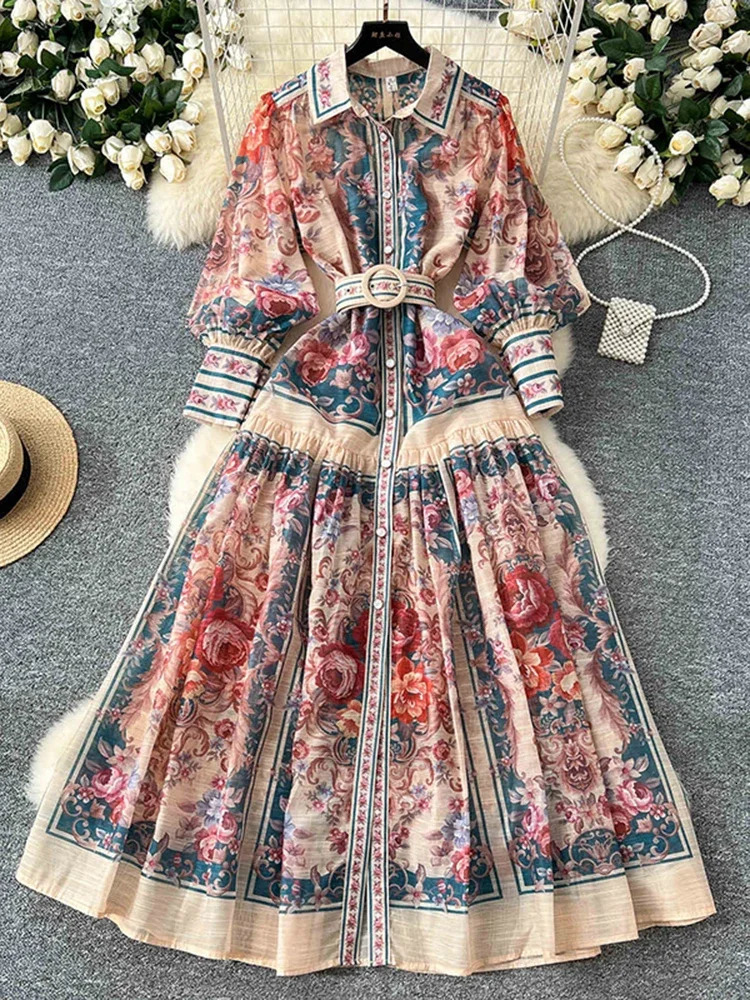Retro Court Printed Lapel Lantern Sleeve Cinched Waist Single Breasted Dress Womens Long Sleeved Elegant Long Dress A299 260611