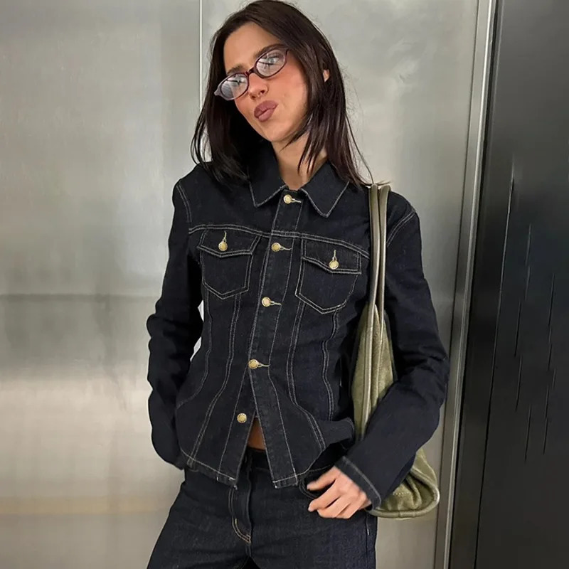 Talenza Women Vintage Denim Jacket Fashion Y2K Patchwork Casual Long-Sleeved Denim Coats Top Autumn Women Streetwear Outfits 260609