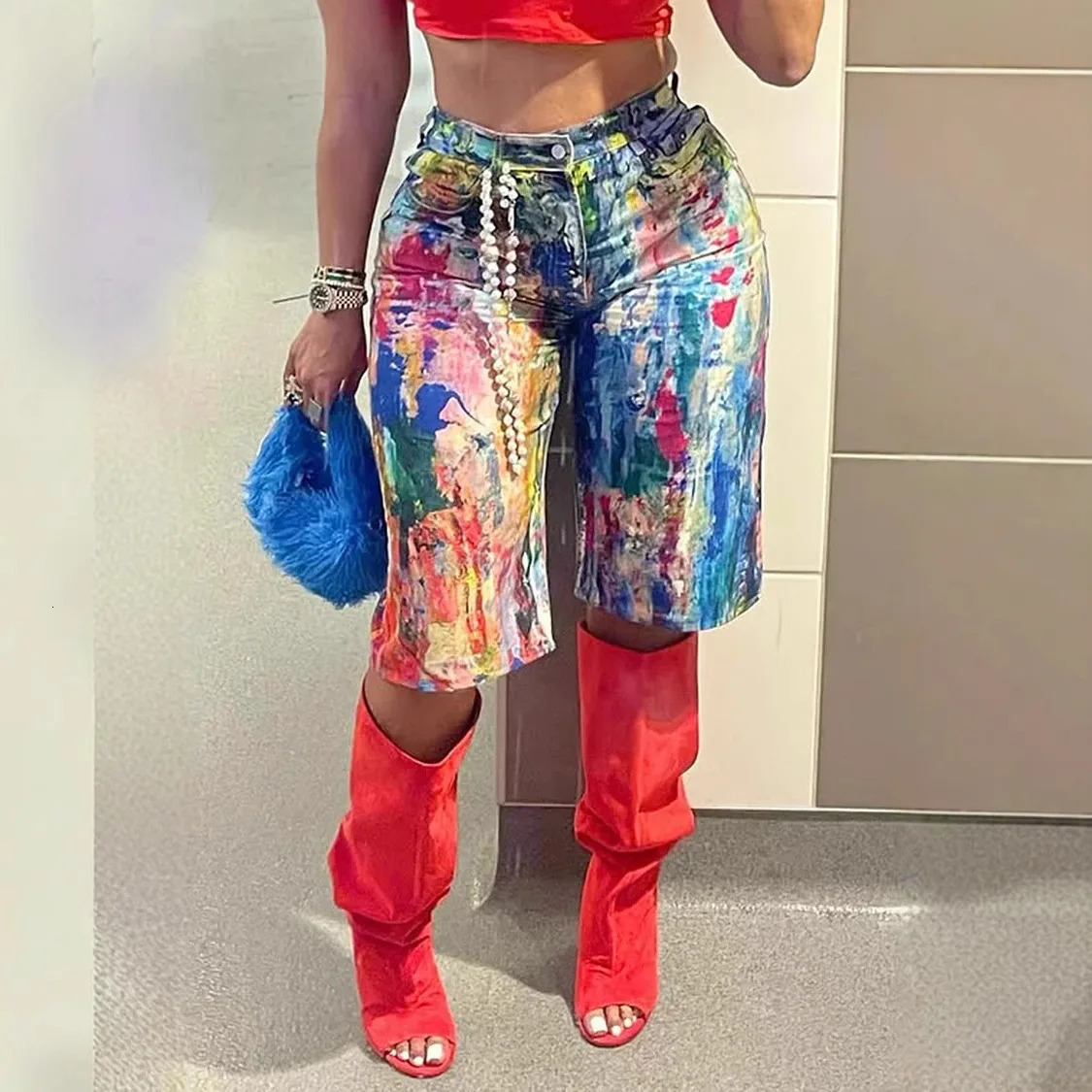 Denim Shorts Women Knee Length Straight Jeans Print High Waist Distressed Washed Summer Streetwear Vintage Short Pants 260611
