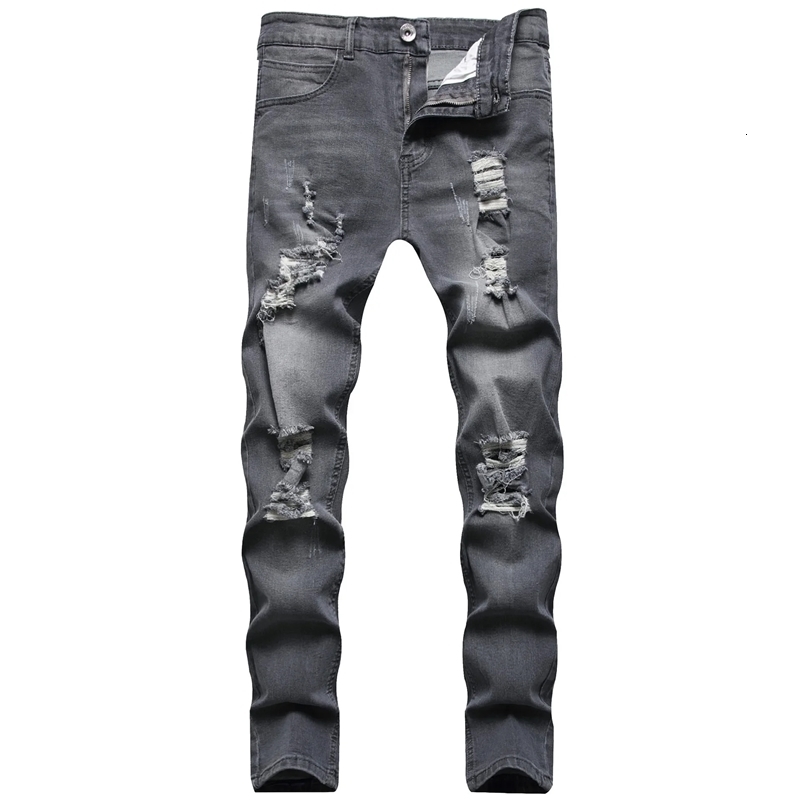 Jeans Men Hole Distressed Pencil Pants Slim Fit Vintage Solid Colour Washed Denims Ankle Length Trousers 260611