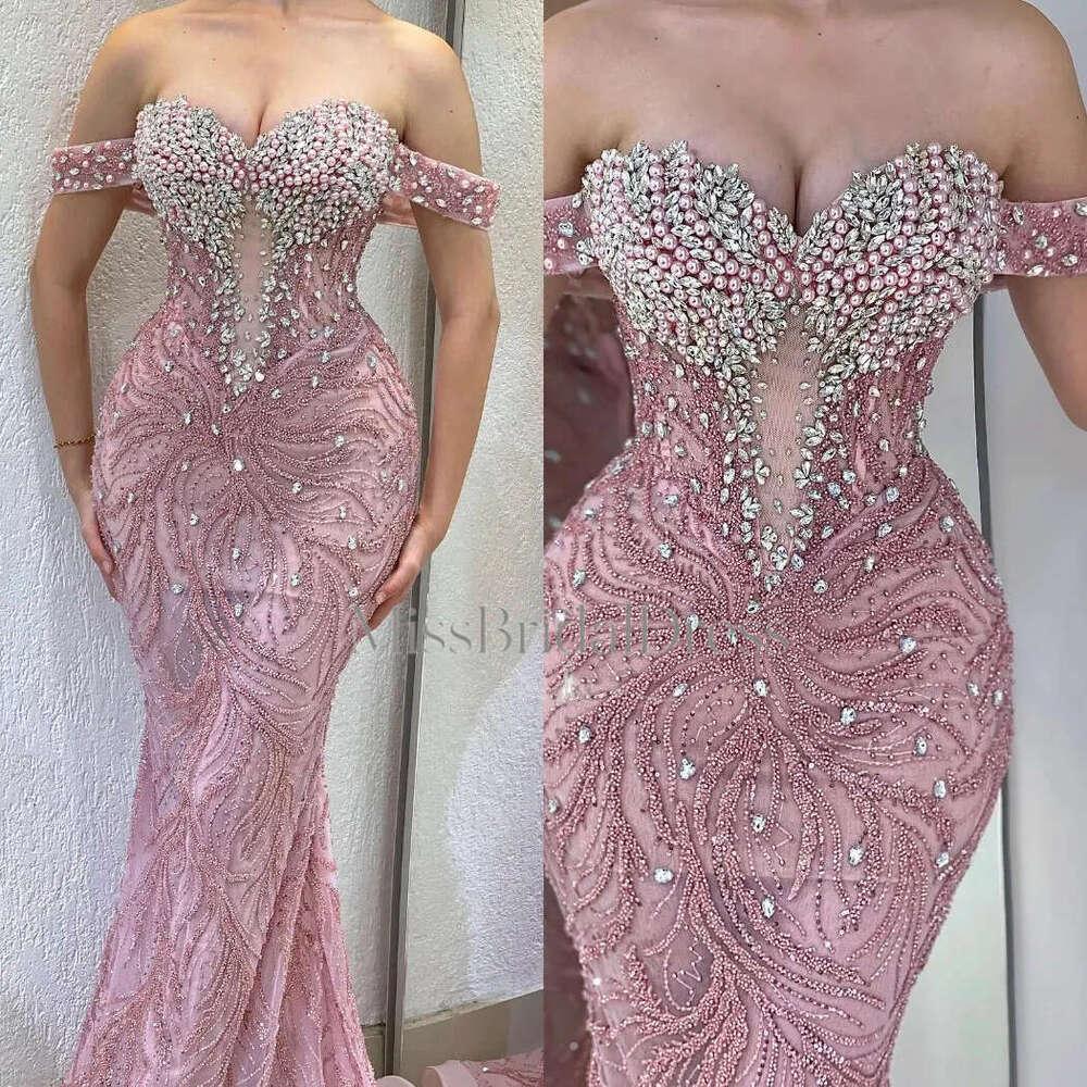 Elegant Prom Dresses Sweetheart Off Shoulder Mermaid Beads Appliques Lace Sweep Train Evening Party Gowns Customized Robes Mb612