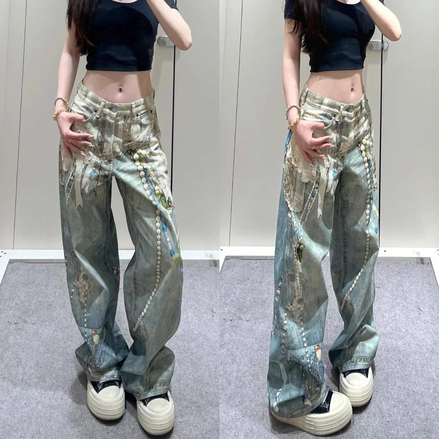Y2k Jeans larghi Prodotto di moda Pantaloni da donna a vita alta con tubo dritto in pizzo stampato con catena di perle a vita alta 260612