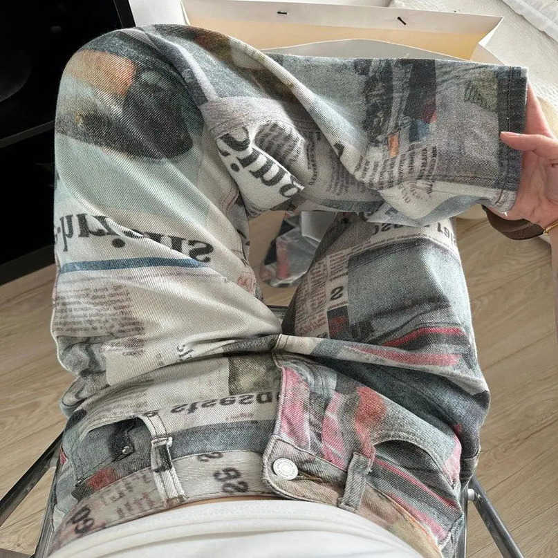 style American high strt printed spaper jeans suitable for and women in summer straight tube loose leg pants y2k S260612
