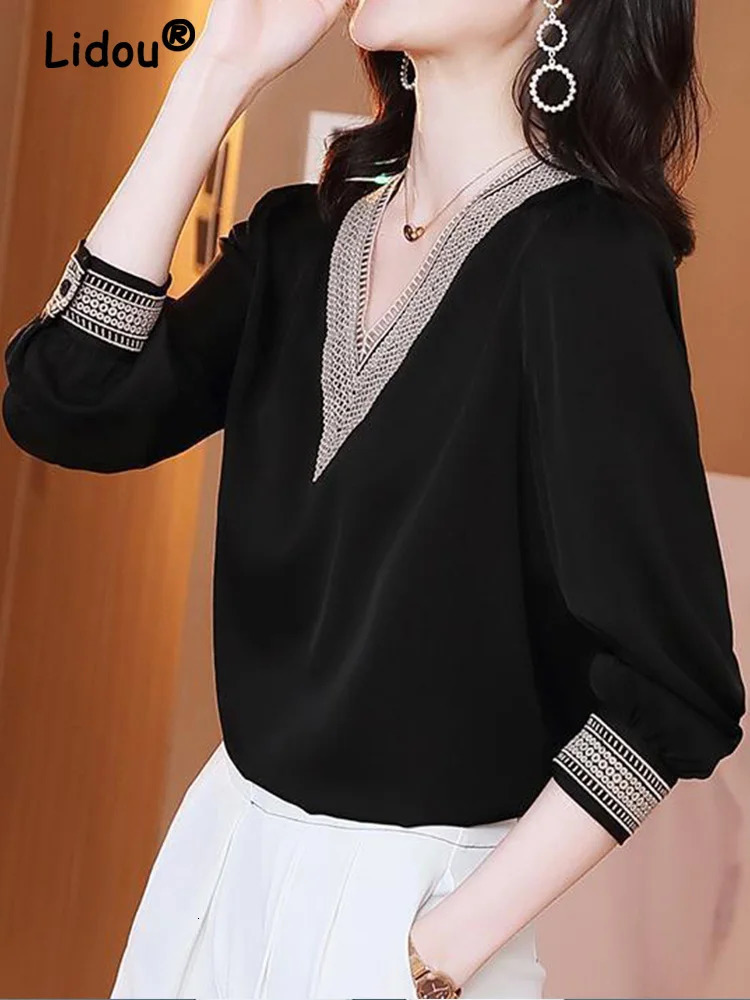 Elegant Fashion Vneck Embroidery Hollow Out Dignified Shirt Summer Autumn Long Sleeve Solid Color Womens Clothing 260612