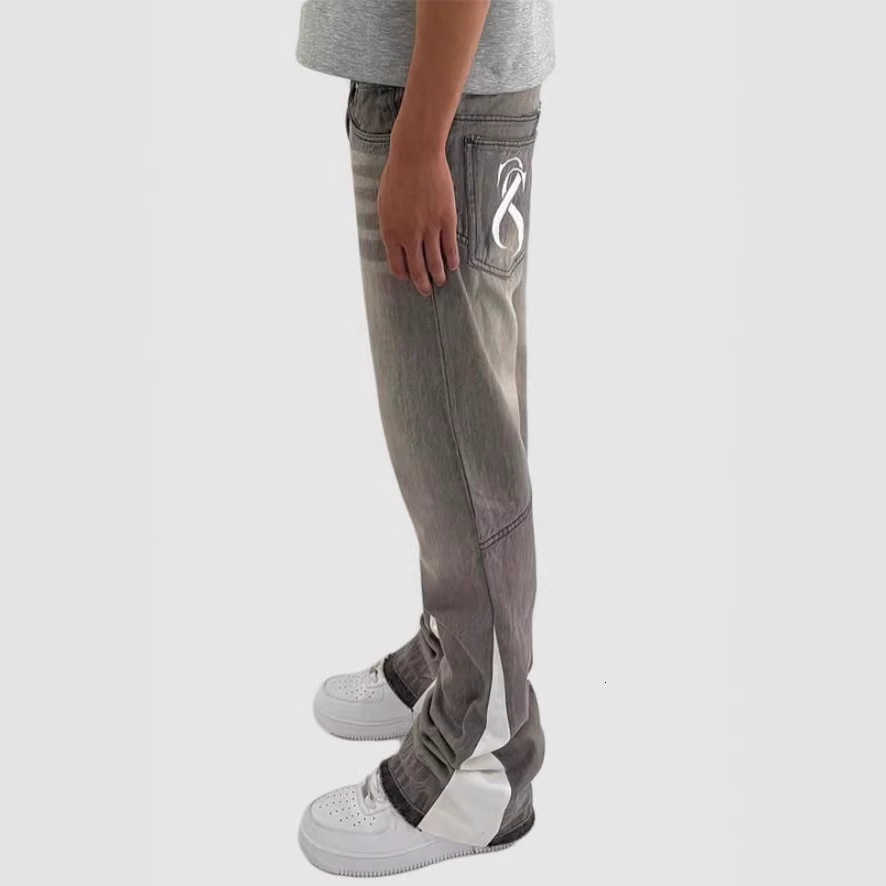 Mens Washed Gray Flare Jeans with Side Stripe Casual Denim Pants retro patchwork jeans new trendy brand casual washed loose hip-hop flared pants dai