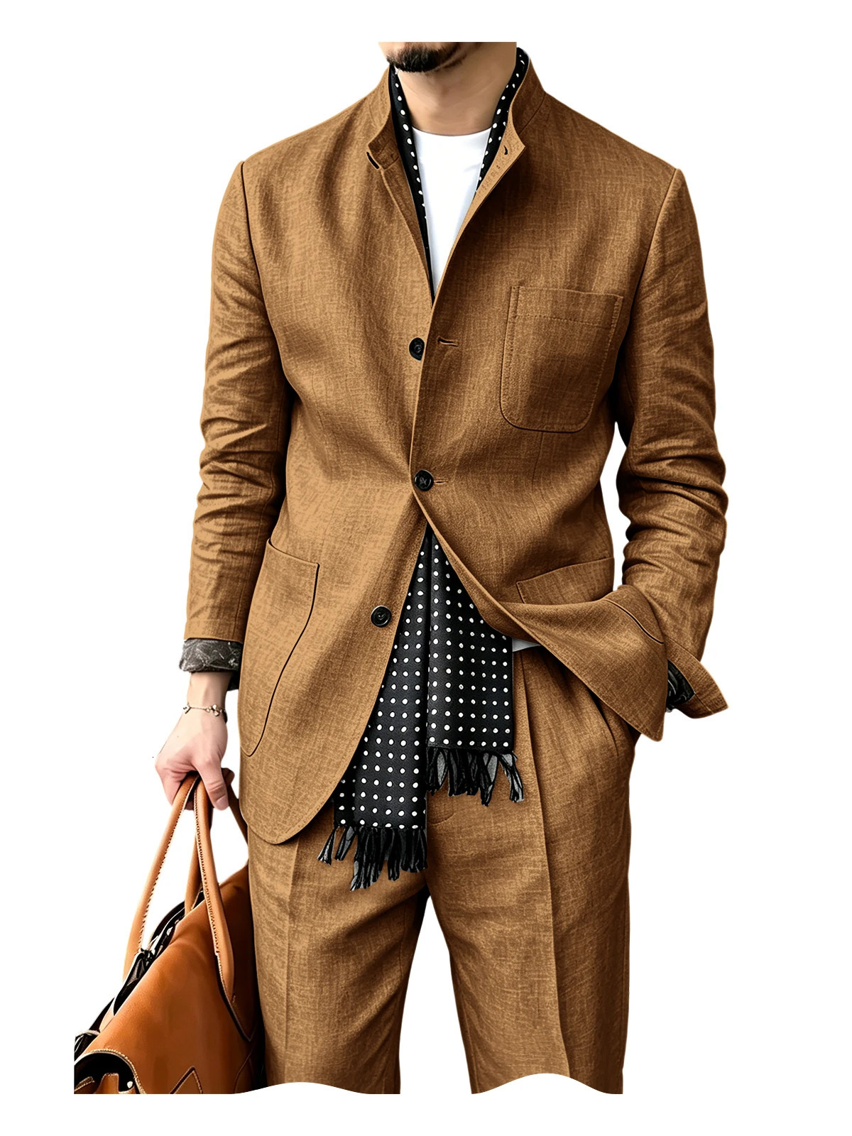 Mens Linen Blend 2 Piece Suit Set Stand Collar Three Button Breathable Casual Blazer Pants For Business Daily Wear Summer 260611