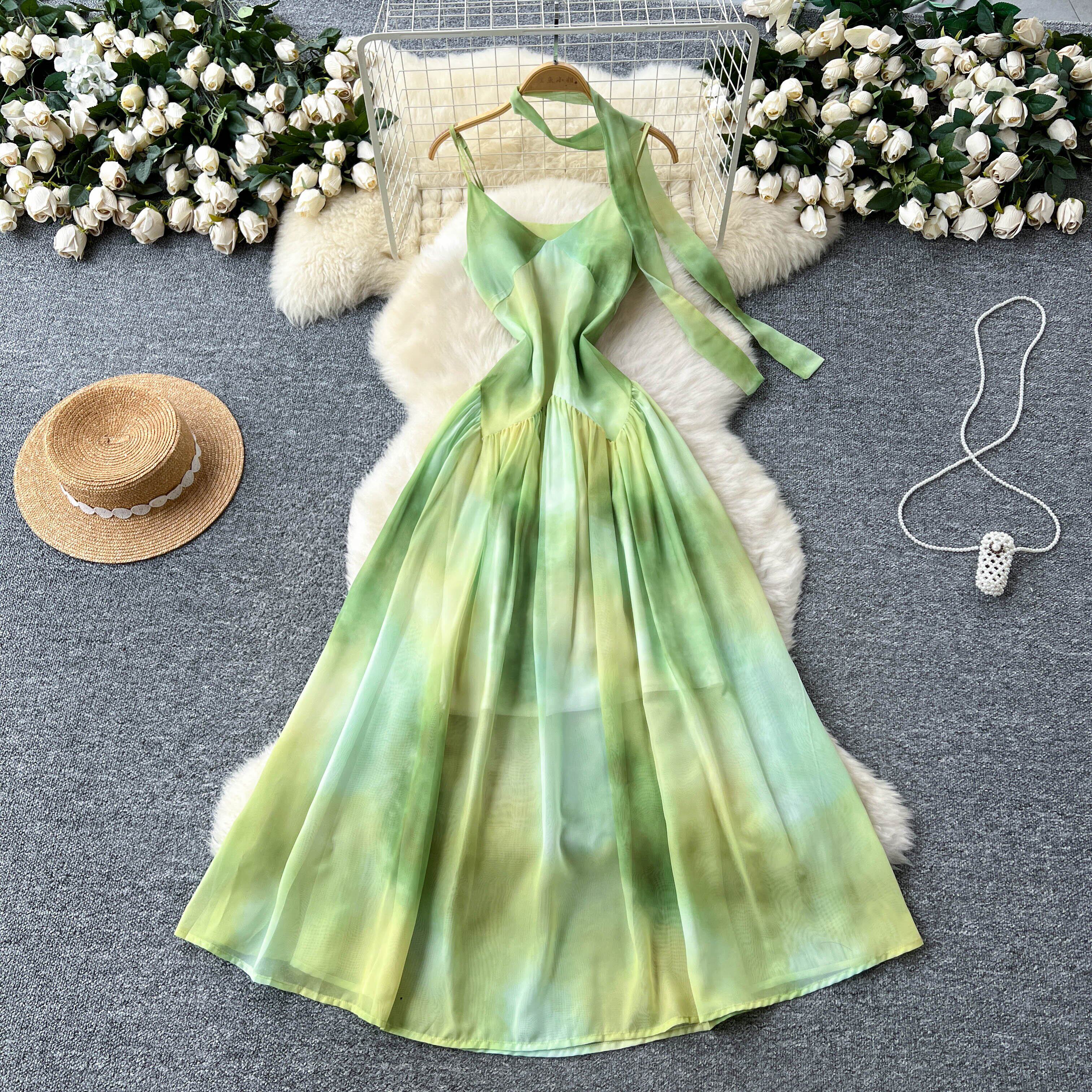Atmospheric summer clothing niche French vacation dress women's 2026 new suspender waist tie-dye long skirt