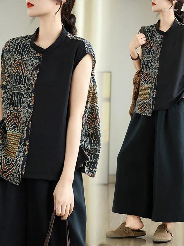 Shirt Retro Round Neck Pullover Sleeveless Breathable Printed Loose Summer Style Women's Casual Fashion Inner Wear Top