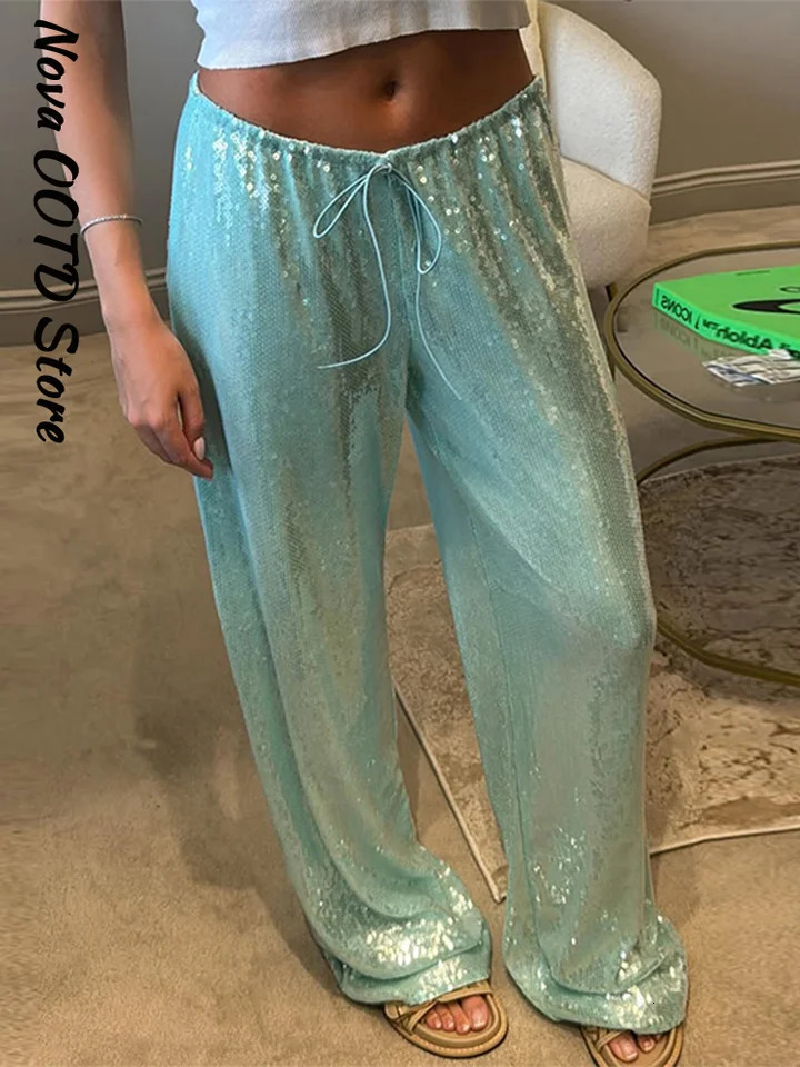 Sequin Loose Summer Womens Pants Lowrise Drawstring Straight Wide Leg Y2k Pant And Trousers Beach Casual Clothes 2026 260611