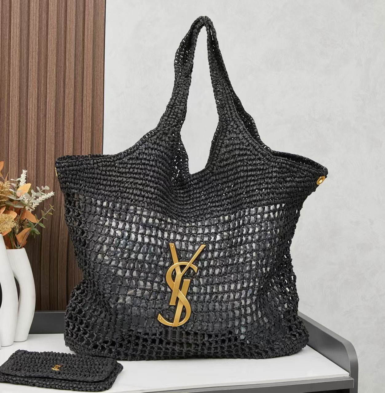 Women's Raffia Woven Tote Bag Large Capacity Summer Beach Shoulder Bag with Small Pouch AAA