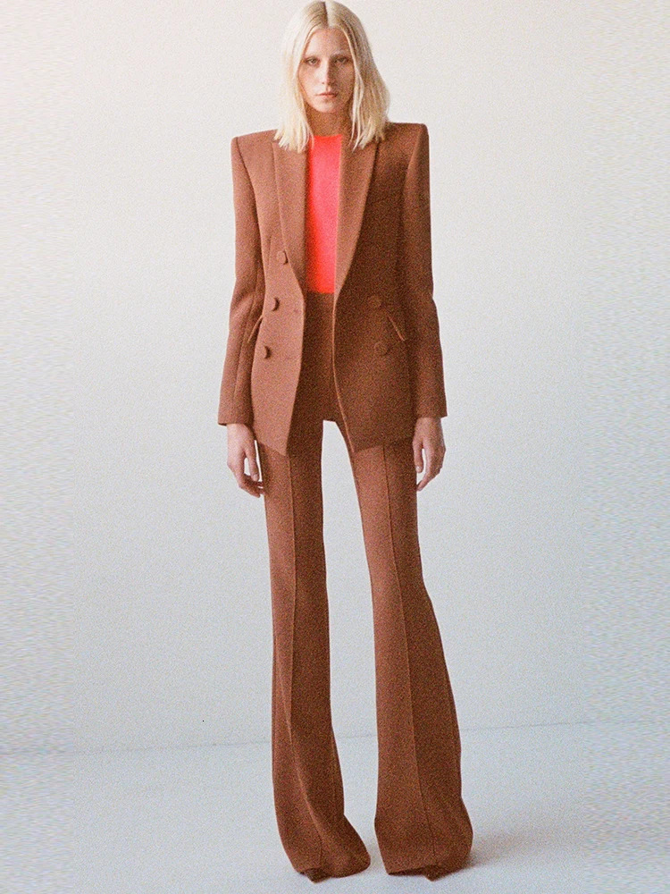 HIGH STREET est 2026 Suit Set Womens Career Fashion Double Breasted Blazer Flare Pants Suit 2pcs 260610