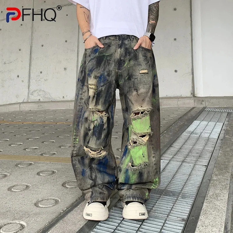 PFHQ 2026 Spring Trendy Men Ripped Jeans Loose Straightleg Washed Graffiti Print Decoration Fashion Denim Trousers 21P2102 260608