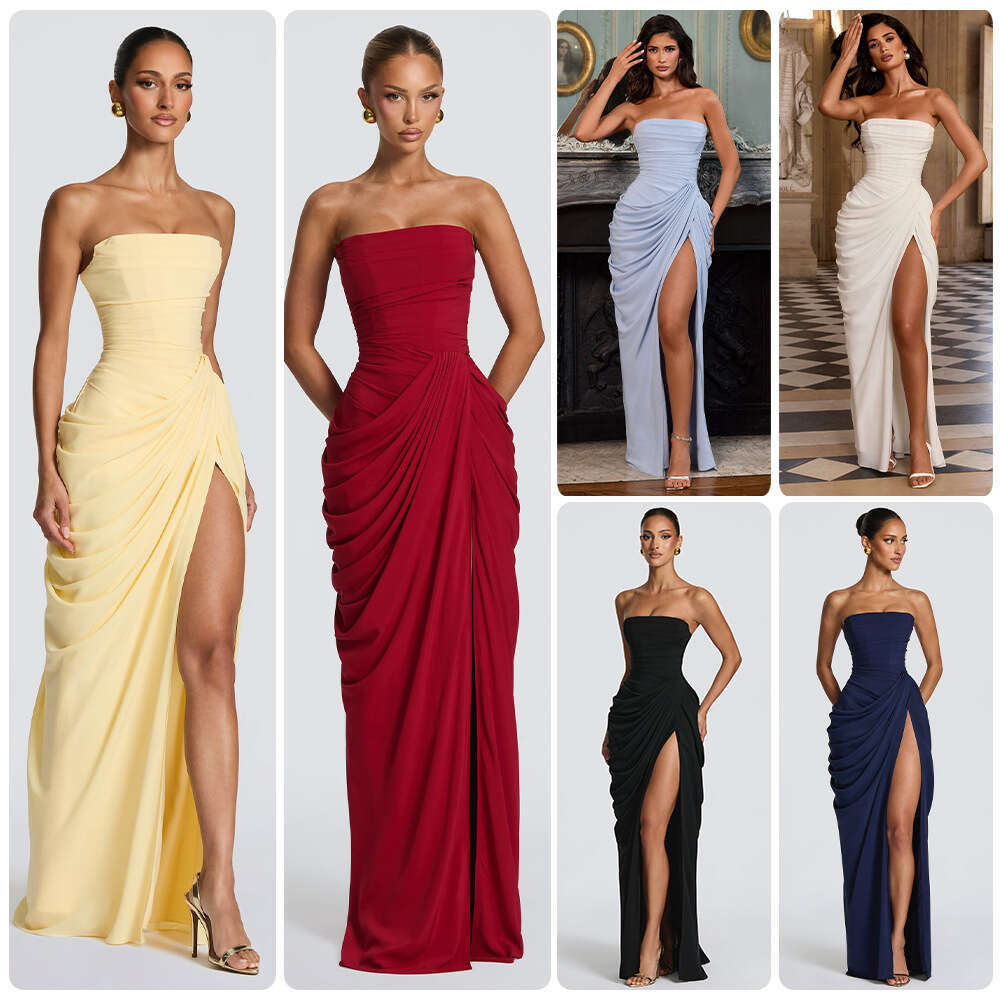 2026 Amazon In-Stock New Women's Off-Shoulder Strapless Solid Color Slit Fashion Sexy Backless Evening Dress WONST