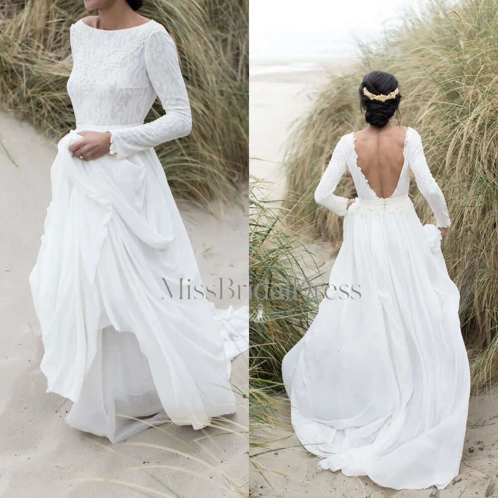 Cheap Simple Long Sleeves Wedding Dresses A Line Bridal Gowns Chiffon Backless Plus Size Custom Made Mb612