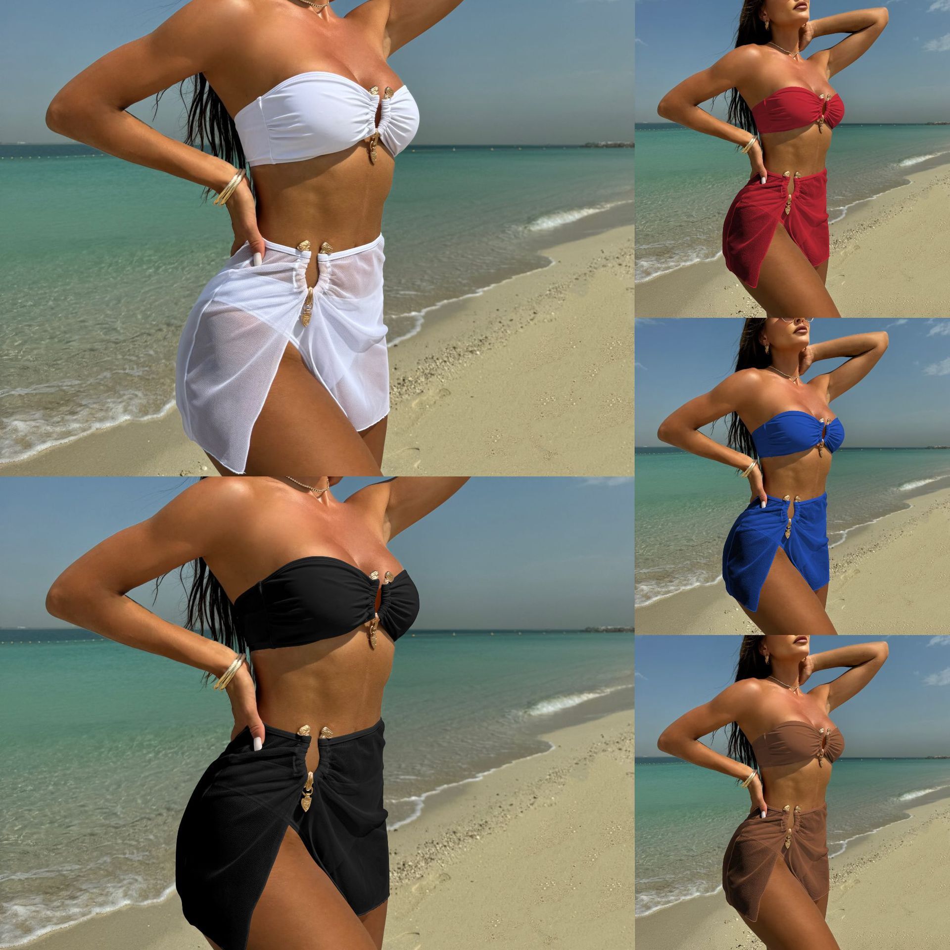 Free shipping 2026 Sexy Solid Color New Style Strapless Three-Piece Mesh Swimsuit Bikini