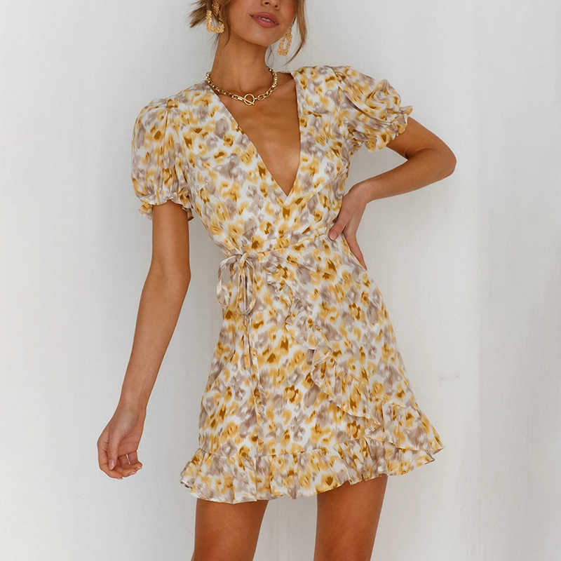 Dresses Casual Floral Printed Mini Dress Women Casual V Neck Butterly Short Slve A Line Dresses Beach Wrap Sundress S260612