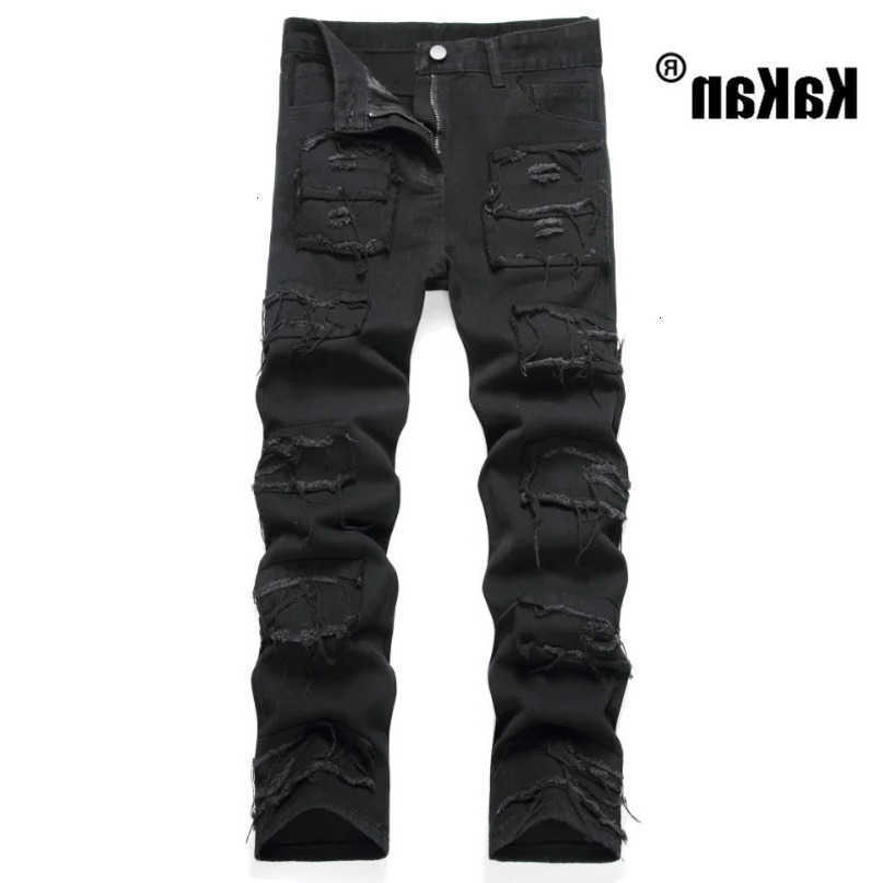 European Kakan and American casual slim fit small leg elastic straight mens jeans black scratch long 9010 S260612