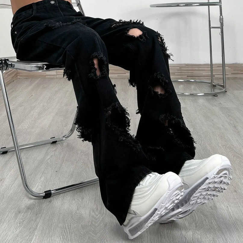American Mens Vintage Distressed Jeans High Strt Straight Tube Loose Fitting Pants Denim Y2k S260612