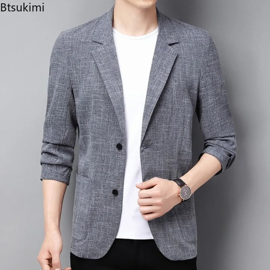 Mens Thin Coats Korean Style Slim Suit Jackets Spring Autumn Linen Solid Color Casual Blazers Men Business Formal Tops 260611