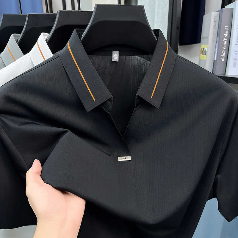 sleeve Fashion brand mens short shirt summer ice silk cool breathable business casual unique scissor neck T-shirt M260612