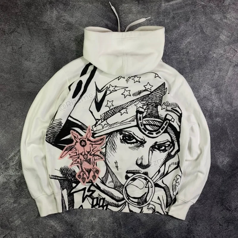 Y2K Retro Harajuku White Pullover Hoodie Vintage Anime Manga Graphic Print Streetwear Casual Loose Men Women Sweatshirt 260612