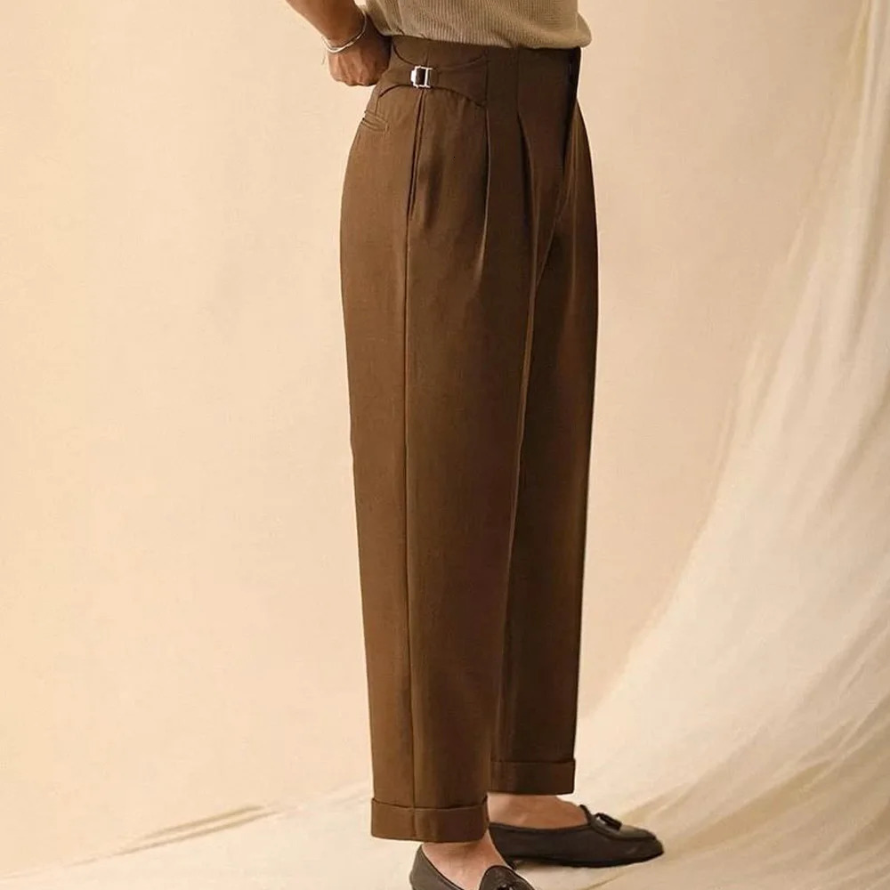 Mens Side Adjusters Pleated Trousers Mid Rise Flat Front Solid Color Pants Classic Business Casual Formal Wear Office for 260612