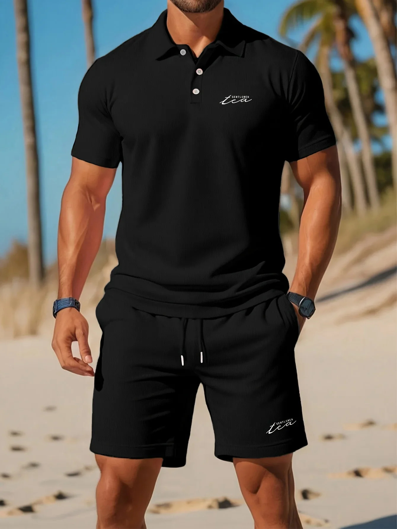 Solid Color Black Mesh Fabric Mens 2PCS Casual Suit Letter Printed Lapel Top and Drawstring Belt Shorts Summer Vacation Set