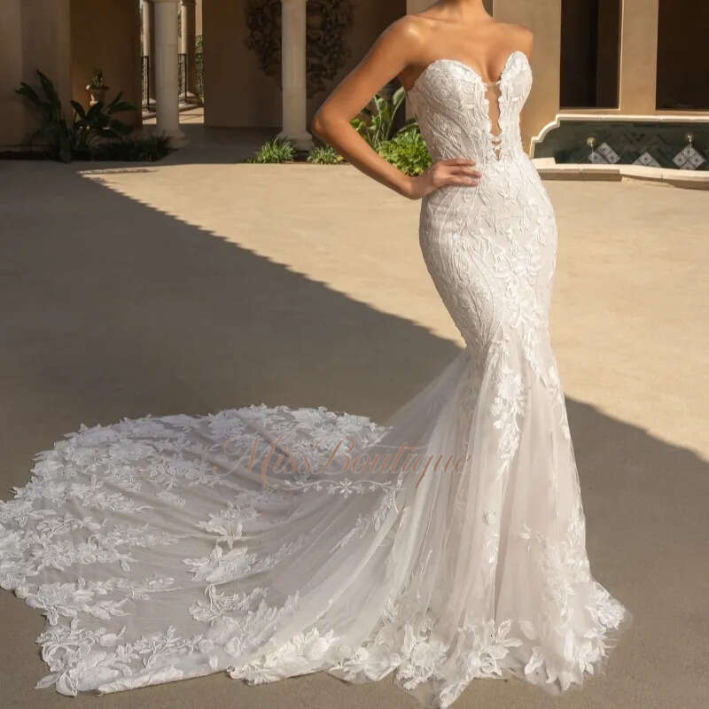 Luxury Light Champagne Dubai Arabic Mermaid Dresses Applique Lace Tull Court Train Wedding Dress Bridal Gowns Vestidos Q612