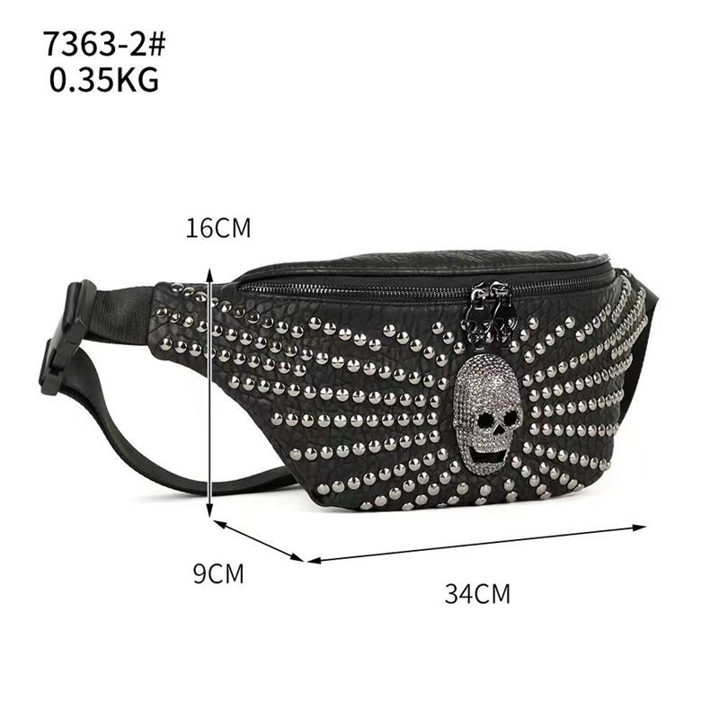 Design Messenger Bag Luxury Men Women Studded Waist Packs, Rock Motorcycle Riding Skull Crossbody Bag, Leather Mini Fashion Chest Fanny Pack Handbag