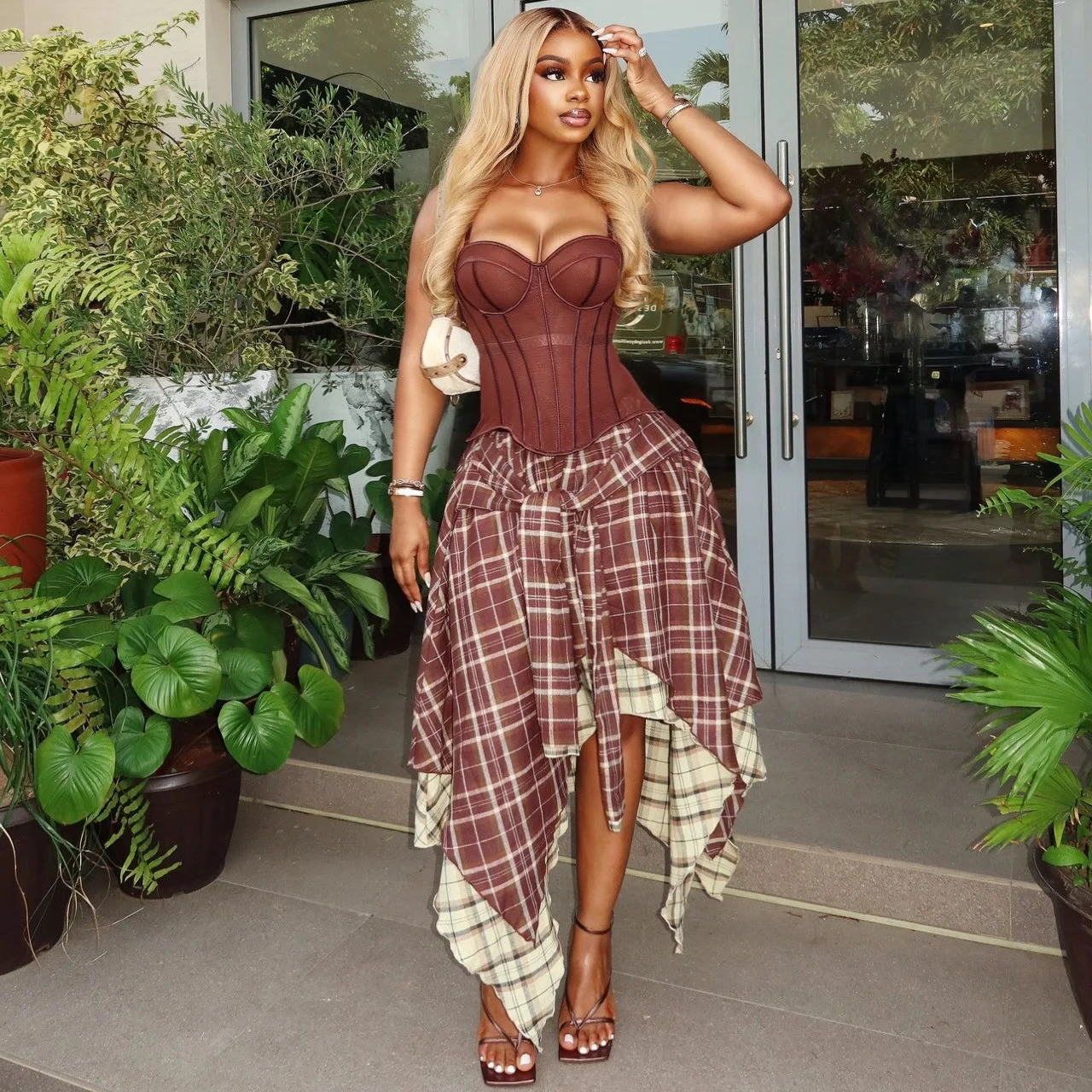 Womens Retro Plaid Slimming TwoPiece Set High Waist Irregular Half Skirt Summer Style Suit 260612