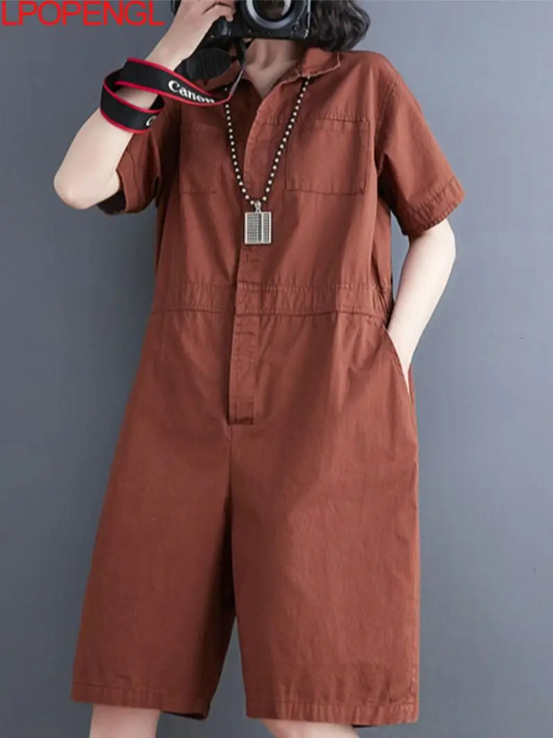 Fashion Casual Lapel Short Sleeve Jumpsuit Womens 2026 Summer Thin Loose Trendy Office Lady Rompers Wide Leg Pants 260611