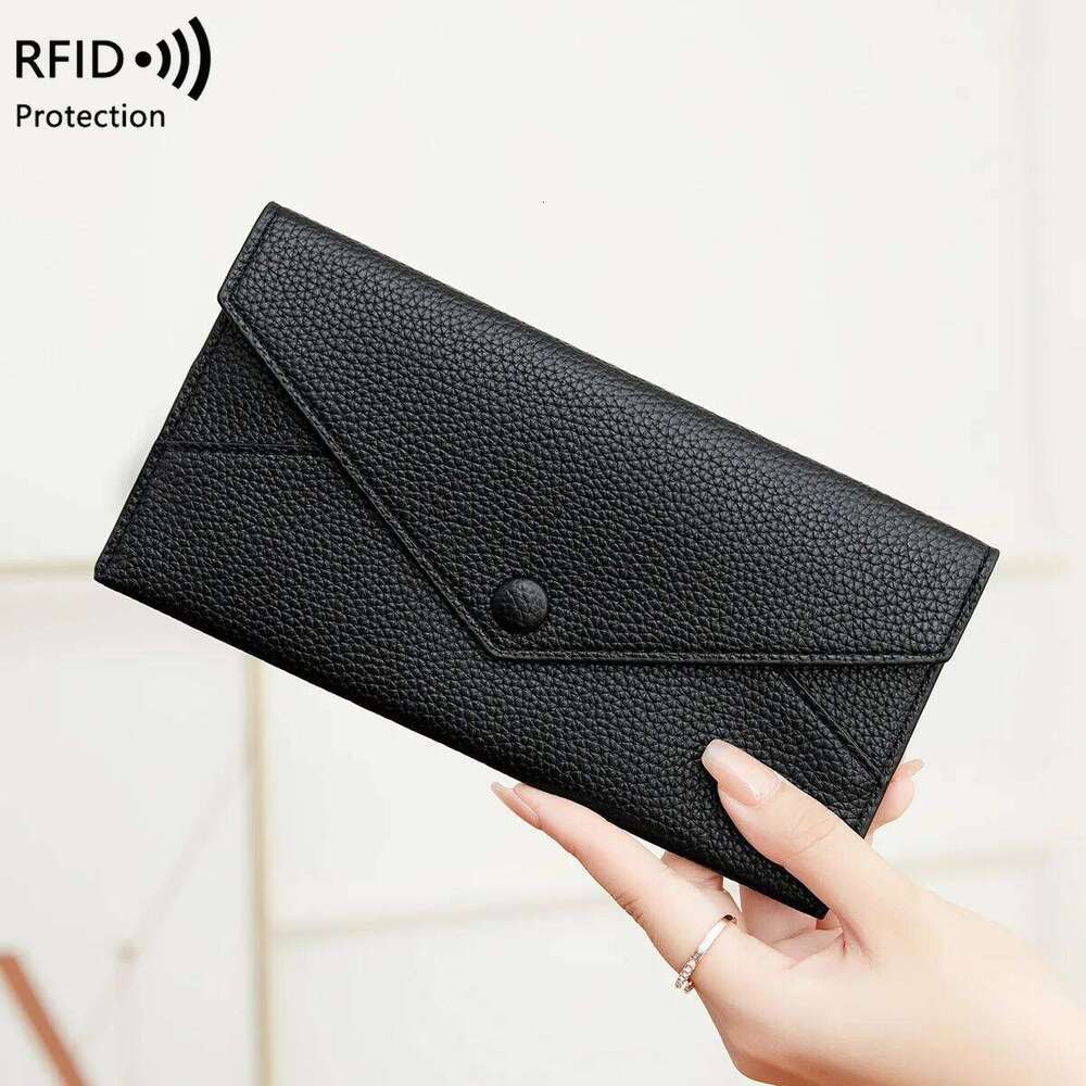 New RFID anti-theft brush women's wallet, long envelope with lychee pattern soft leather, ultra-thin and simple clutch bag