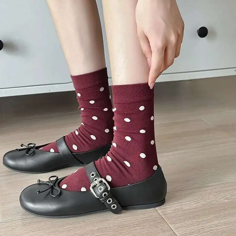Harajuku Vintage Women Socks Autumn Winter Knitted Cotton Elastic Long Socks Women Polka Dot Japanese Kawaii Cute Socks Sox 260612