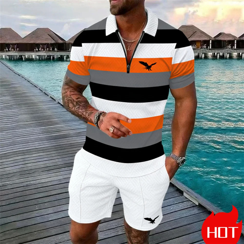 2 piece set for man Summer stripe men zipper polo shirt eagle printed Leisure vacation mens suit fashion menswear clothing