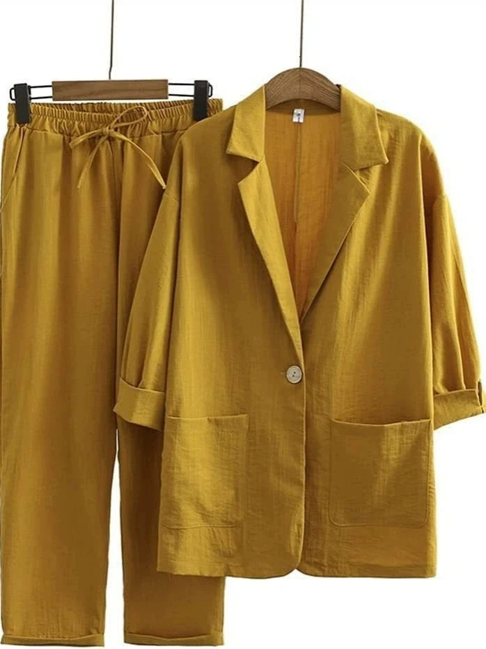 Spring Summer WomenS Suit Top Long Pant Two-Piece Suit Casual Cotton Linen Jacket Top Suit Women Loose Plus Size Set 260610