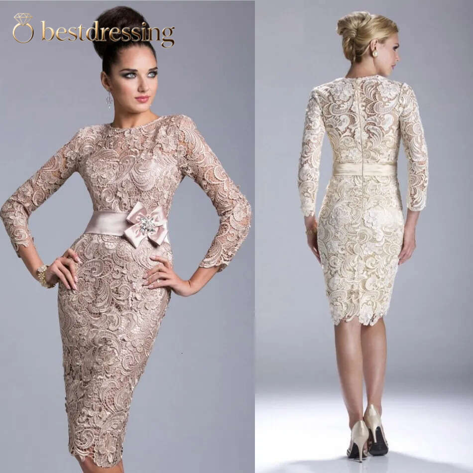 Elegant Janique Sheath Mother Of The Bride Dresses Jewel Long Sleeve Lace Applique Sash Wedding Guest Dress Knee Length Evening Gowns Bd612