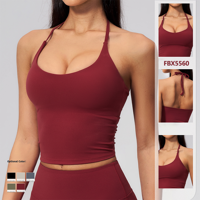 Women's Sexy U Neck Halter Tie Back Longline Tank Top with Removable Pads Stretchy Soft Quick Dry Matte Nude Feel 5 Colors