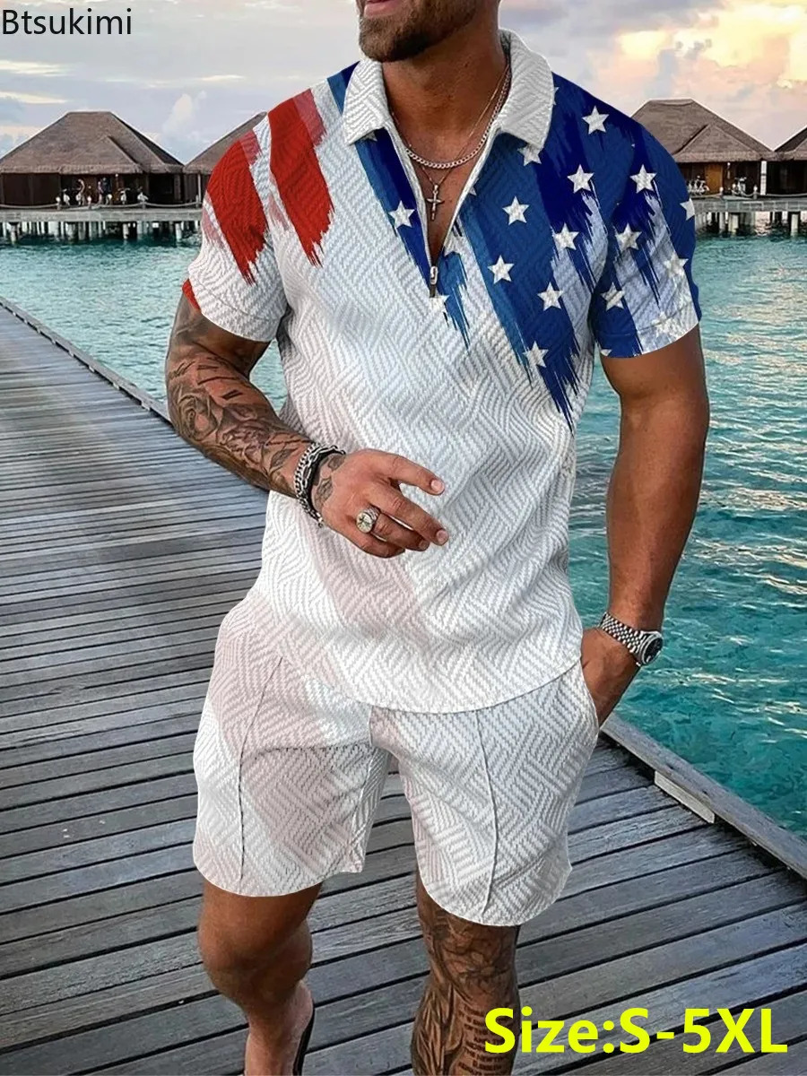 2026 Fashion Mens Clothing Holiday Casual 2PCS Sets Men Tracksuit Oversized Shortsleeved Polo Shirt and Shorts 3D Printed Suit
