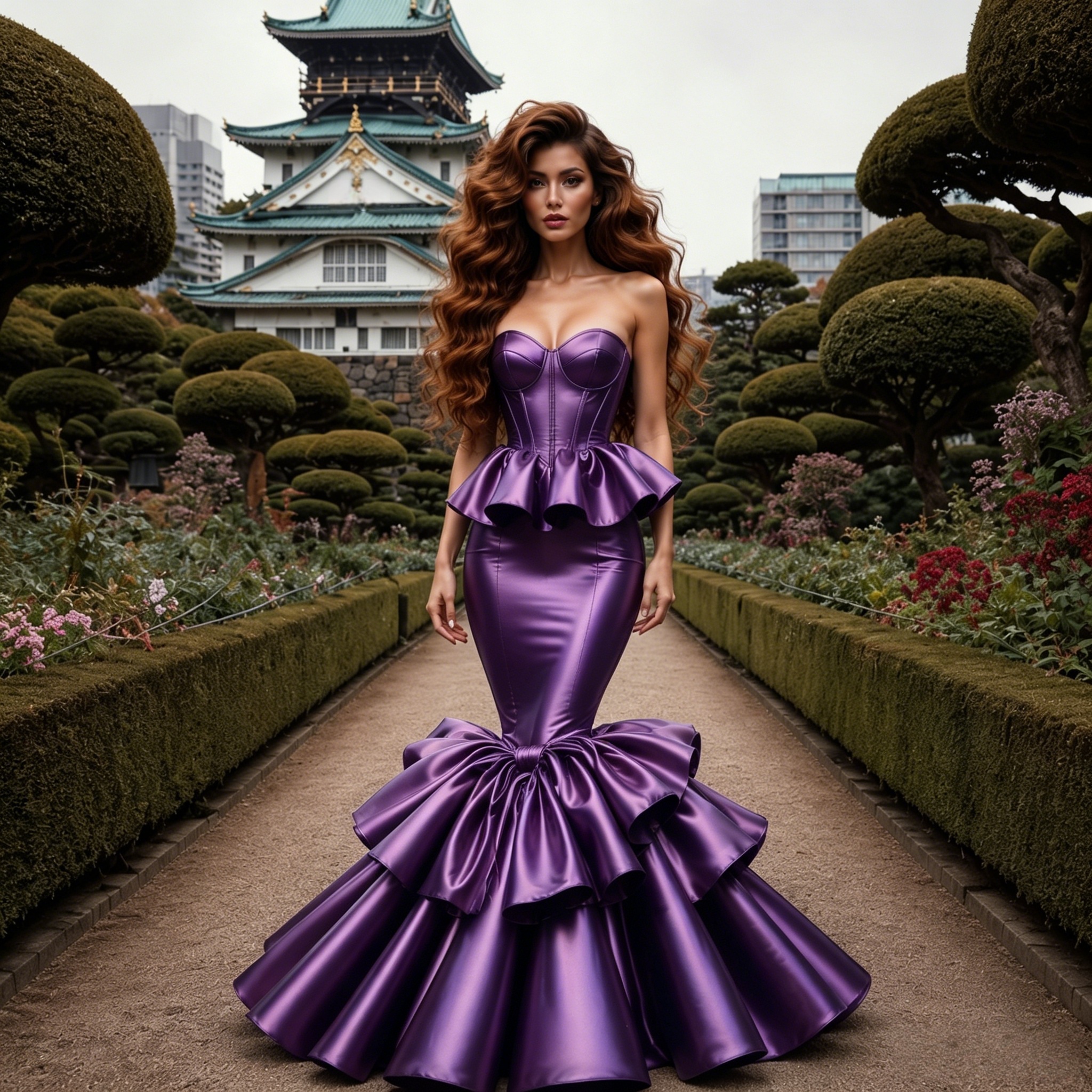 Modern Purple Satin Mermaid Evening Dresses Strapless Corset Big Bow Ruffle Floor Length Black Prom Gown Red Carpet Dress Back Lace-Up