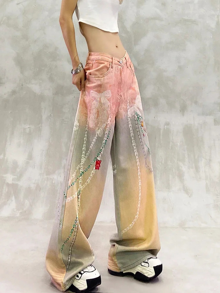 Y2K Women Loose Wide Leg Denim Trousers Spring Autumn Fashion Color Printed Jeans Spice Girls Chic Style 260611