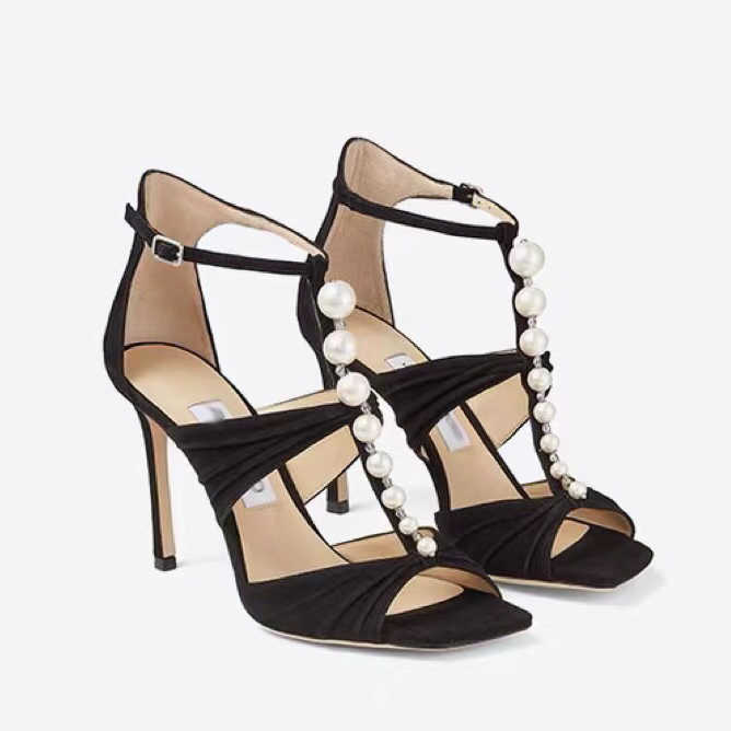 Damen-Leder-Peep-Toe-Stiletto-Absatz-Sandalen mit Perlen-Strasssteinen, elegantes Design, T-Riemen-High-Heels, luxuriöse Damen-Hochzeitskleid-Schuhe