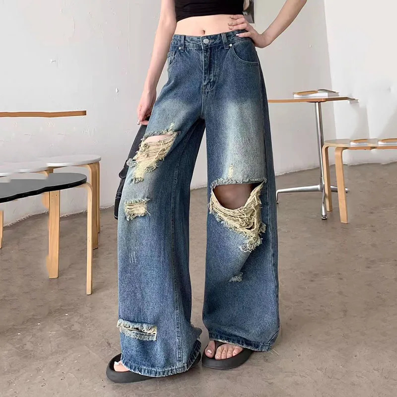 2026 Summer High Waist Ripped Denim Pants Women American Retro Streetwear Y2K Wide Leg Jeans LooseFit Slimming Straight 260611