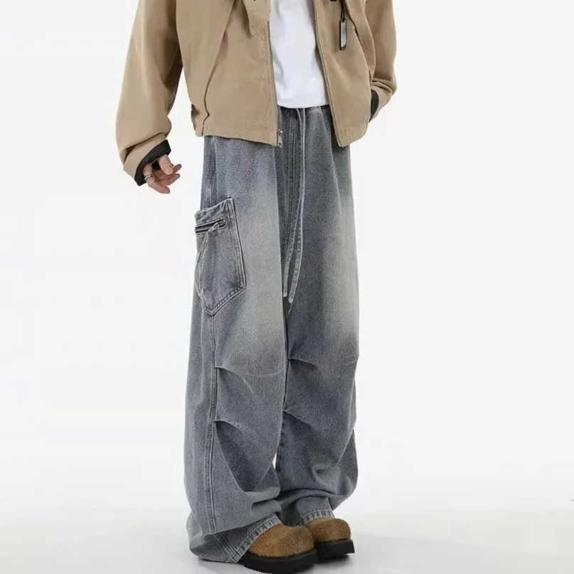 Strt High Wrinkle Jeans Mens Cargo Pocket Straight Wide Leg Denim Pantnes Hip Hop Bag Y2K S260612