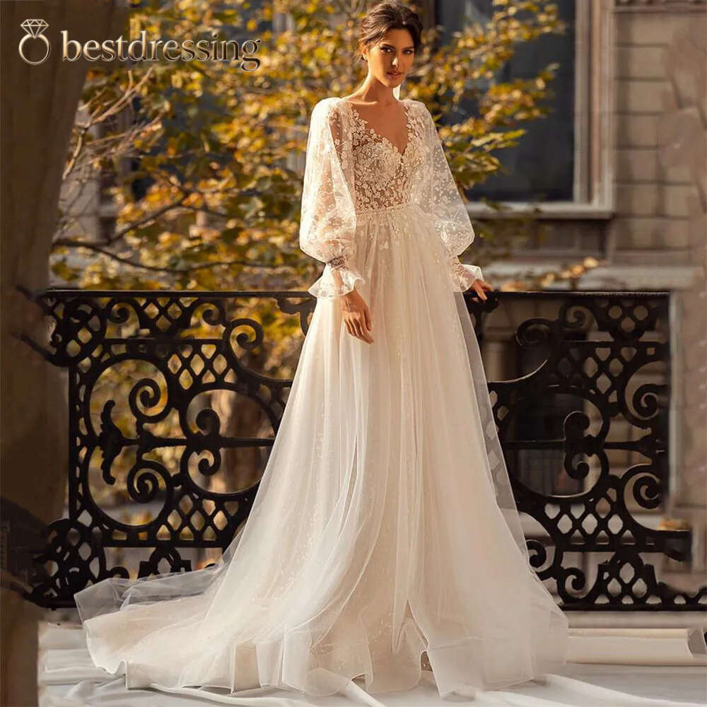 Elegant Line Wedding Dresses Long Sleeve Sexy V Neck A Line Bridal Gowns Lace Appliques High Waist Plus Size Sweep Length Train Custom Made Bd612