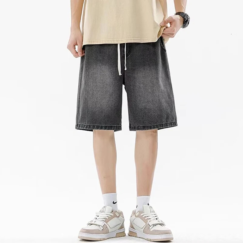 Men Casual Denim Shorts Male Elastic Waist Straight Leg Comfortable Light Blue Soft Short Pants Baggy Wide Jeans 260609