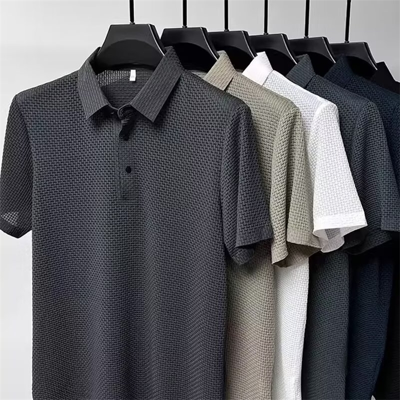 Summer Mens Lopup Hollow Shortsleeved Polo Tee Shirt Ice Silk Breathable Business Fashion TShirt Male Clothes yy260604