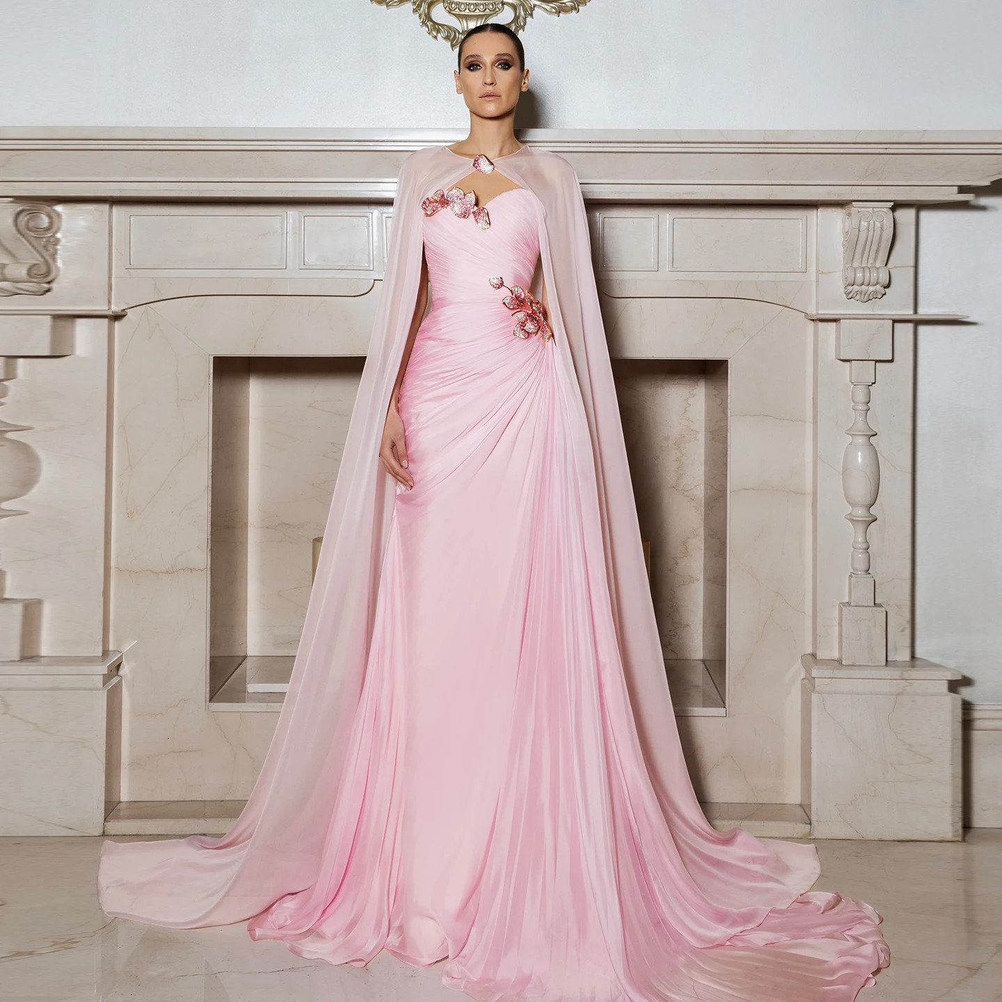 Sharon Said Light Pink Mermaid Evening Dresses Elegant Cape Draped Beaded for Women Wedding Formal Gown SF223 Customized 260612